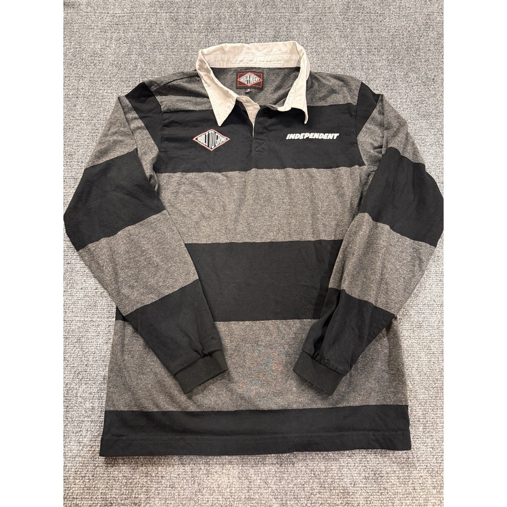 Independent Trucks Shirt Mens Medium Gray/Black Striped Polo Rugby Long Sleeve